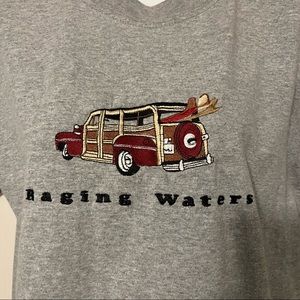 Raging Waters Embroidered Woodie Station Wagon Surfboard Gray Crewneck T Shirt